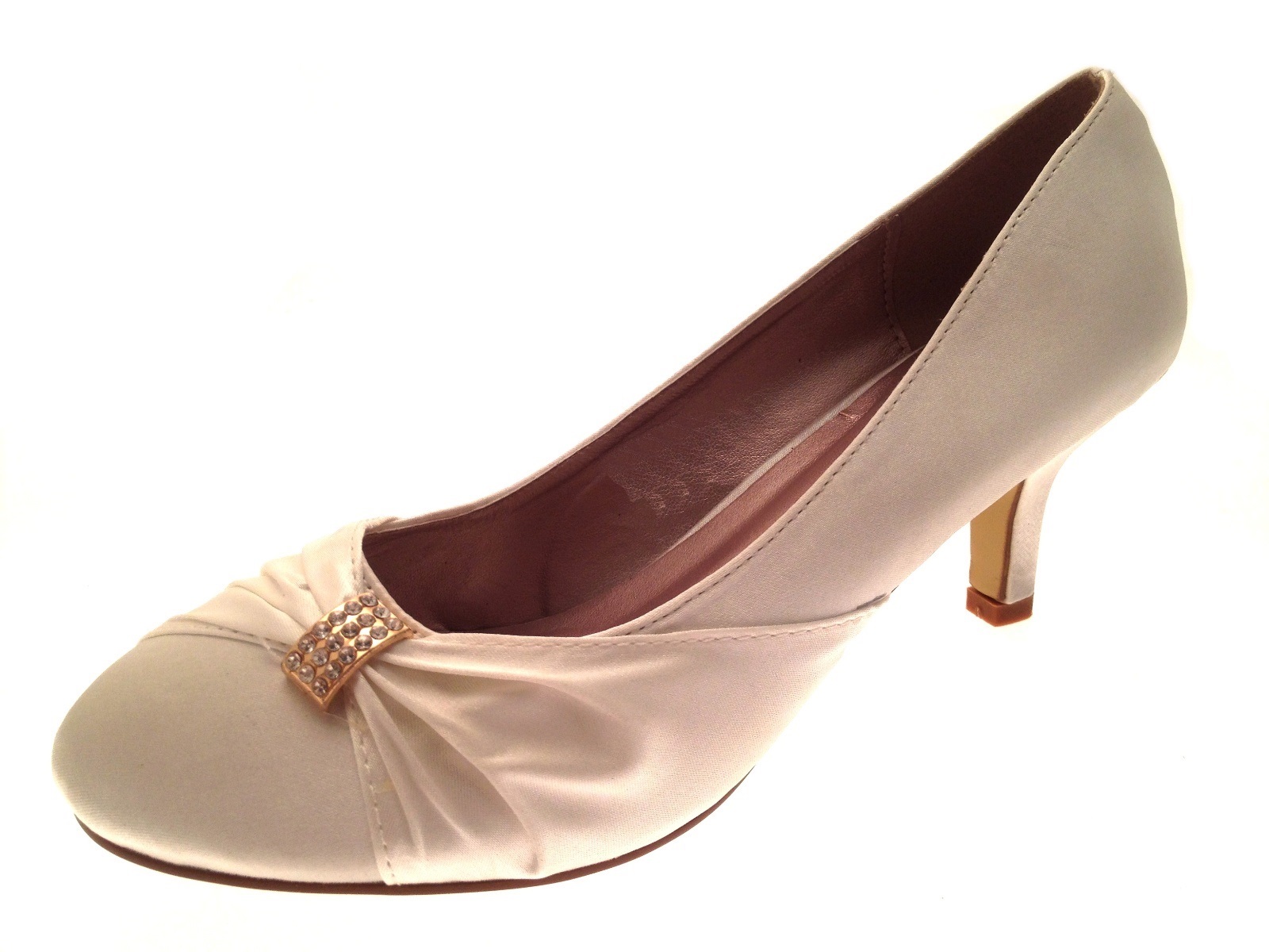 Womens Low Heel Satin Diamante Wedding Heels Bridal Shoes Ladies Size